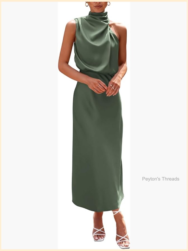 Elegant Mock Neck Satin Maxi Dress Sleeveless Party Wedding
